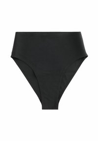 Czarny bikini o wysokim stanie wykonane z gładkiego materiału, z eleganckim wzornictwem i minimalną ilością szwów dla uzyskania efektu prostoty.