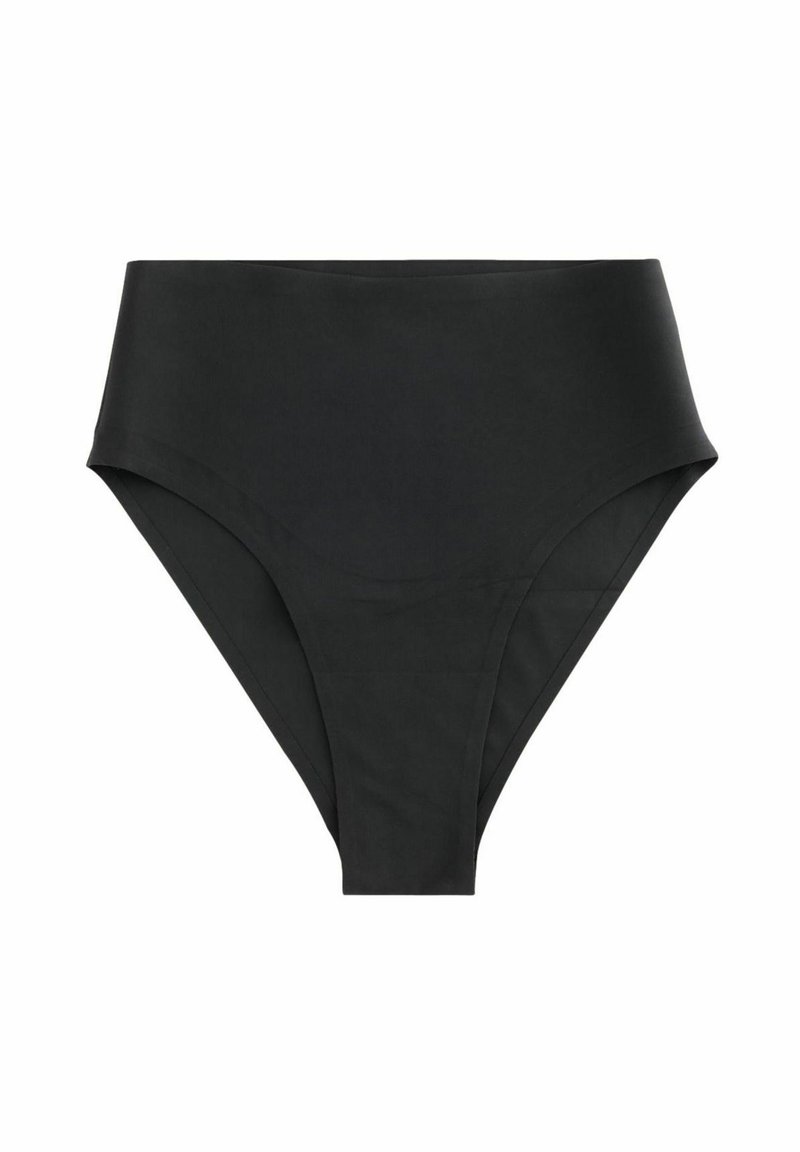Czarny bikini o wysokim stanie wykonane z gładkiego materiału, z eleganckim wzornictwem i minimalną ilością szwów dla uzyskania efektu prostoty.