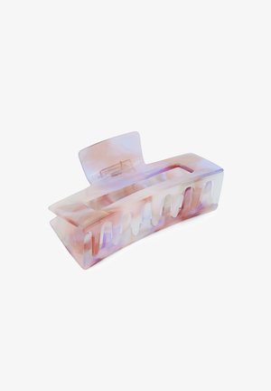 A translucent hair clip with a curved design, featuring an iridescent pattern in pastel shades of pink, purple, and cream.