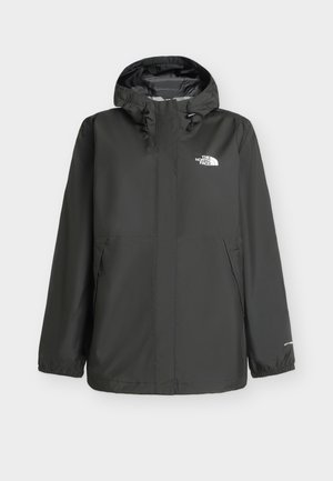 Must veekindel kapuutsiga jakk esilukuga ja taskutega, elastsete varrukaotste ja The North Face'i logoga rinnal ja varrukal.