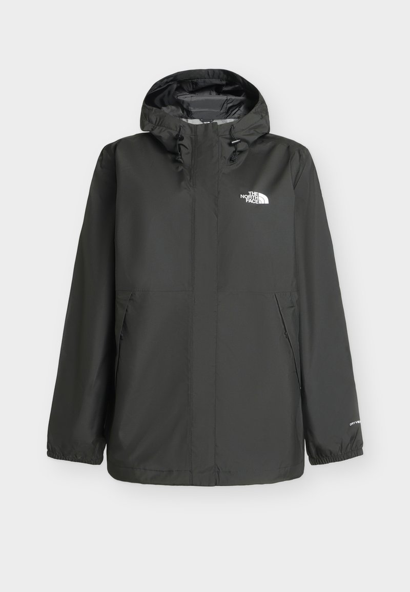 Veste noire imperméable à capuche avec fermeture éclair frontale et poches, poignets élastiques, et logo The North Face sur la poitrine et la manche.