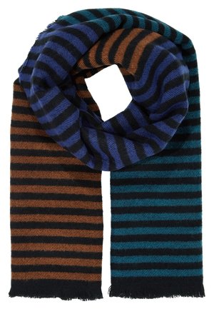 Gestreifter Wollschal mit abwechselnden horizontalen Streifen in Schwarz, Blau, Braun und Blaugrün, dargestellt in Form einer gefalteten Schlaufe.