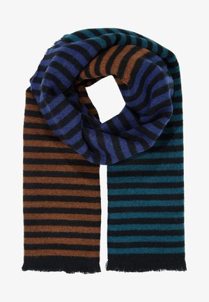 Gestreifter Wollschal mit abwechselnden horizontalen Streifen in Schwarz, Blau, Braun und Blaugrün, dargestellt in Form einer gefalteten Schlaufe.
