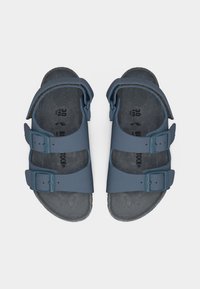Μπλε σανδάλια Birkenstock με δύο ρυθμιζόμενους ιμάντες και έναν πίσω ιμάντα, εμφανιζόμενα από πάνω σε λευκό φόντο.