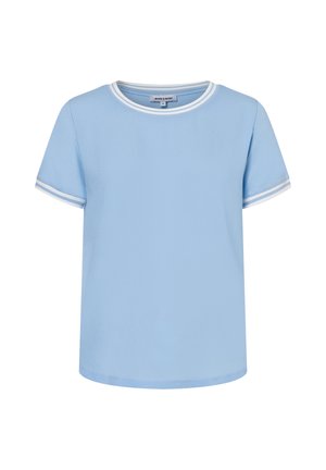 Hellblaues kurzärmeliges T-Shirt aus glattem Stoff. Es verfügt über einen Rundhalsausschnitt mit weißen Streifen am Kragen und an den Ärmeln.