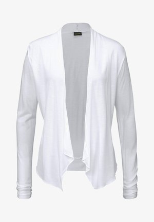 Hvid langærmet cardigan med åben front, let stof, glat tekstur, draperet design med buet kant, uden lukninger, afslappet pasform.