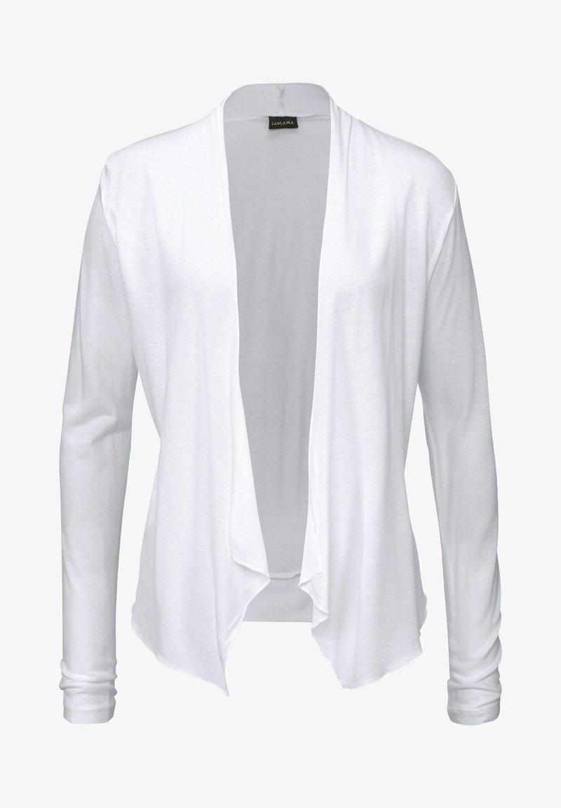 Weißer, langärmliger Cardigan mit offenem Vorderteil, leichtes Material, glatte Textur, drapierter Schnitt mit abgerundetem Saum, ohne Verschlüsse, lässige Passform.