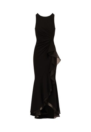 Schwarzes ärmelloses Kleid mit tailliertem Oberteil, asymmetrischem Rüschensaum und weichem, fließendem Material. Es hat einen runden Ausschnitt und Drapierungsdetails.