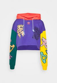 Felpa con cappuccio cropped in viola, verde e giallo. Presenta grafiche colorate e dettagli ricamati. Realizzata in tessuto morbido.