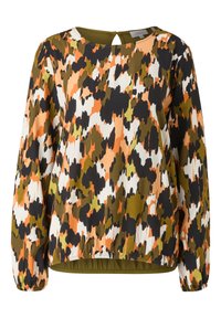 Blouse légère à manches longues avec un col rond. Présente un motif camouflage multicolore dans des nuances de vert, d'orange et de noir. Ourlet élastiqué.