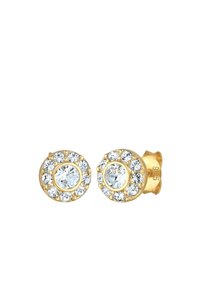 Aukso spalvos auskarai, turintys apvalią formą, centriniai skaidrūs kristalai apsupti mažesnių kristalų ir struktūrizuotas paviršius.