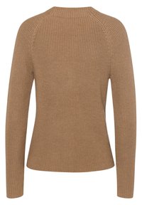 Pull marron tricoté à manches longues, col rond et finition texturée. Présente une construction à manches raglan et une silhouette ajustée.