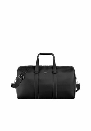 Čierna kožená cestovná taška s dvoma rukoväťami, odnímateľným ramenným popruhom s logom značky a nápisom „CERRUTI 1881“ v strede vpredu.