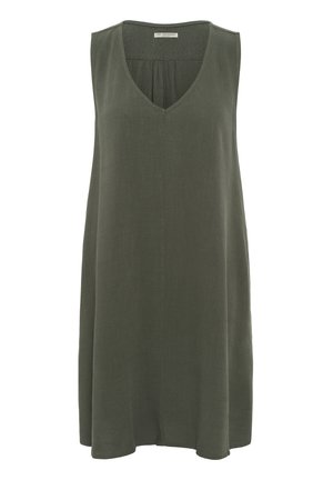 Sleeveless green dress made of lightweight fabric, featuring a V-neckline, loose fit, and knee-length hem with a smooth texture.