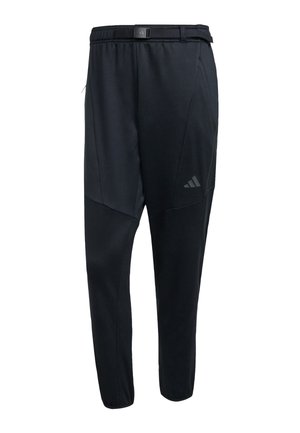 Black athletic pants featuring a tapered design, elastic waistband with a belt, and side pockets. Made of smooth synthetic fabric.