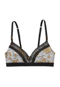 Soutien-gorge à motif floral en noir, blanc et or. Comprend une bordure en dentelle, un design en v et des bretelles noires réglables avec des accents en métal doré.