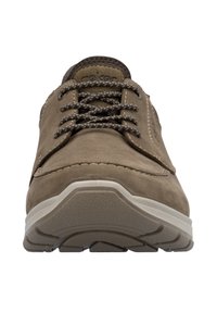 Brown suede shoe with a rounded design, contrasting stitching, flat laces, and a textured rubber sole. Lightweight and casual style.