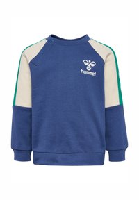 Blaues Sweatshirt mit langen Ärmeln, Creme- und Grüntönen, Rundhalsausschnitt, Schulterdruckknöpfen und einem weißen "hummel"-Logo auf der Vorderseite.