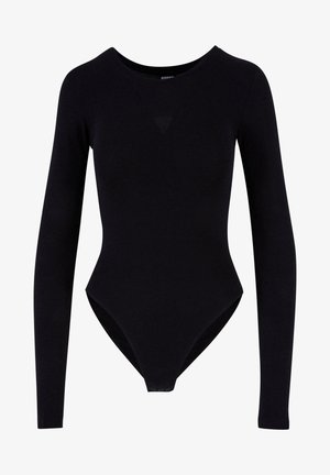 Schwarzer Langarm-Bodysuit aus weichem Stoff, mit einem runden Ausschnitt, figurbetontem Design und Druckknopfverschluss am Po.