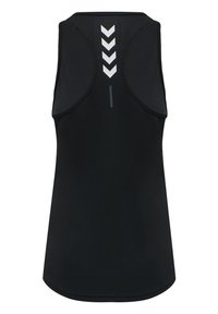 Black athletic tank top with a racerback design, featuring reflective white chevron patterns and a small vertical stripe on the back.