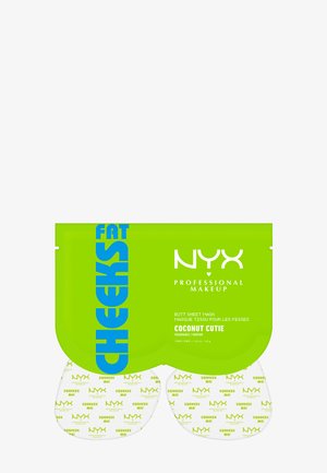 Grøn og hvid emballage til NYX Professional Makeup kokosduftende bagdel maske med fed, blå tekst "FAT CHEEKS".