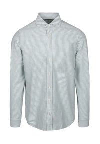Gestreepte blouse met lange mouwen in lichtblauw en witte katoenen stof. Kenmerkt zich door een standaardkraag en knopen aan de voorkant, met geknoopte manchetten.