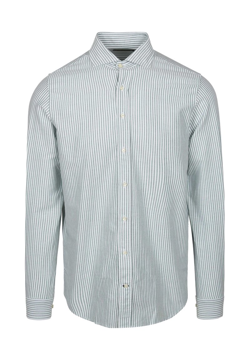 Gestreepte blouse met lange mouwen in lichtblauw en witte katoenen stof. Kenmerkt zich door een standaardkraag en knopen aan de voorkant, met geknoopte manchetten.