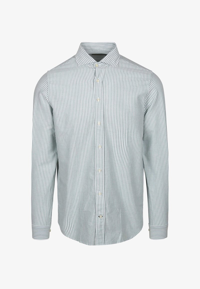 Gestreepte blouse met lange mouwen in lichtblauw en witte katoenen stof. Kenmerkt zich door een standaardkraag en knopen aan de voorkant, met geknoopte manchetten.