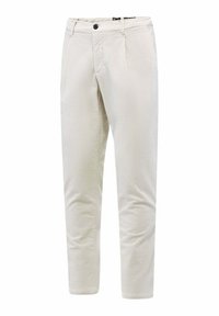 Lichtbeige corduroybroek met een rechte voorkant, ritssluiting, knoopsluiting en smalle pijpen. Fijne verticale ribbelstructuur over het geheel.