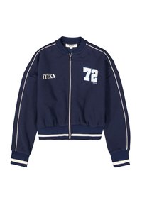 Veste bomber zippée bleu marine en mélange de coton, avec des accents blancs, un imprimé "72" et le texte "FEELING LUCKY".