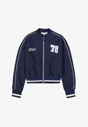 Veste bomber zippée bleu marine en mélange de coton, avec des accents blancs, un imprimé "72" et le texte "FEELING LUCKY".
