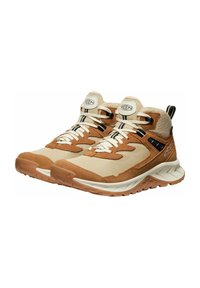 Tan- und cremefarbene High-Top-Sneaker mit einem Mesh-Obermaterial, strukturierten Details und kontrastierenden schwarzen Akzenten an den Seiten und Schnürsenkeln. Gummi-Außensohle.