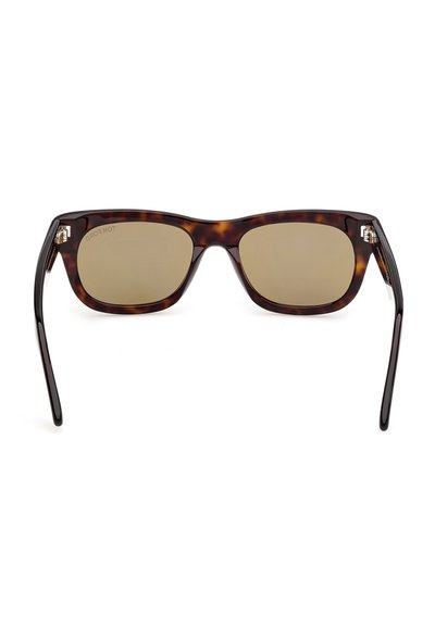 Rectangular tortoiseshell sunglasses with brown lenses and slim black arms, shown facing forward on a white background.