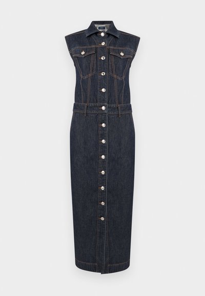 Sleeveless dark denim midi dress with front button closure, two chest flap pockets, a collar, and contrast orange stitching.