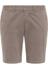 Shorts de algodón en un color topo apagado, con un frente plano, lazos para cinturón y bolsillos laterales inclinados, con una textura suave.