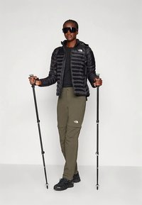 Άτομο με μαύρο μπουφάν, ελαιόχρωμα παντελόνια πεζοπορίας, μαύρα παπούτσια, μεγάλα σκούρα γυαλιά ηλίου, κρατώντας μπατόν πεζοπορίας, στέκεται μπροστά σε απλό φόντο.