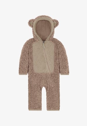 Brauner Teddybär-Style Overall aus flauschigem Material, mit durchgehendem Reißverschluss, Kapuze mit Ohren und beiger Brustpartie. Entworfen für Wärme und Komfort.