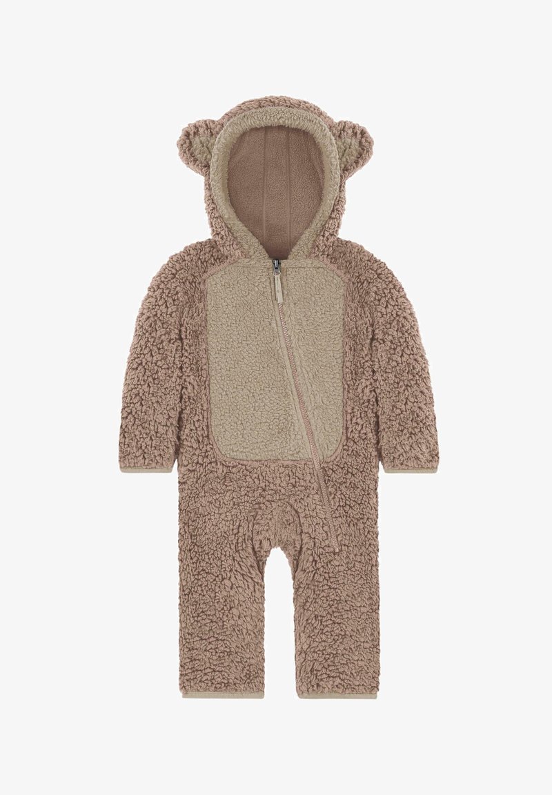 Brauner Teddybär-Style Overall aus flauschigem Material, mit durchgehendem Reißverschluss, Kapuze mit Ohren und beiger Brustpartie. Entworfen für Wärme und Komfort.