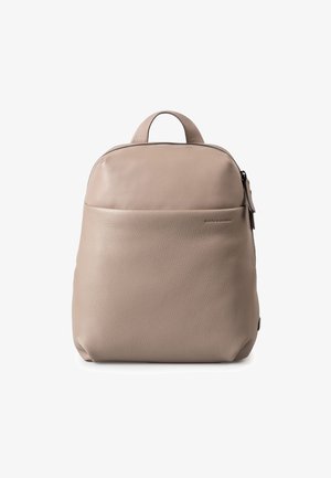 Beige leather backpack with a smooth top and textured sides, featuring a zip closure and a front pocket with subtle branding.