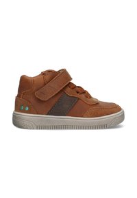 Bruine leren hoge schoen met klittenbandsluiting, bruine suède accenten, grijze zool en kleine turquoise details op de hak.