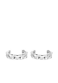 Silverfärgade armbandörhängen med en vågig, texturerad design. Slät yta och öppen form, passar för olika öronstorlekar.