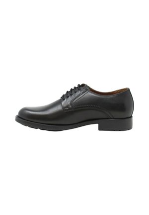 Scarpa da uomo in pelle nera con punta arrotondata, lacci, dettagli cuciti e suola in gomma per una buona aderenza. Texture liscia e design minimale.