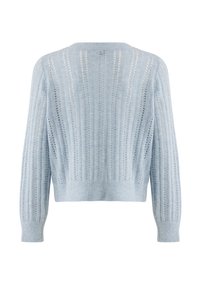 Ljusblått stickat tröja med vertikal ribbad textur, öppen stickdetalj och långa ärmar. Kortad design med rund halsringning.