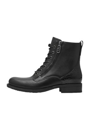 Bottines en cuir noir avec un laçage à l'avant et une fermeture éclair sur le côté. Accents texturés sur le talon et design à talon bas et carré.
