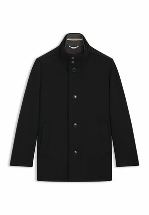 Black mid-length coat with stand collar, five buttons down front, and two side pockets, displayed on white background.