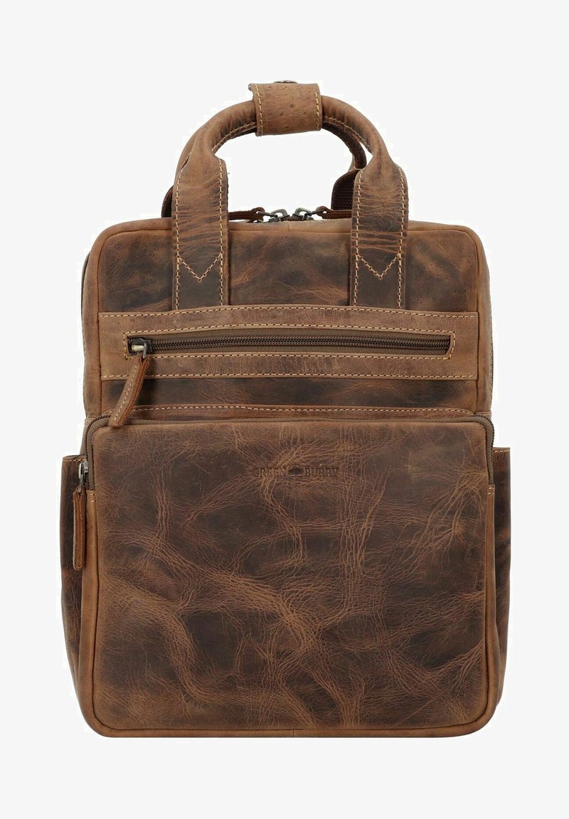 Brown leather backpack with two top handles, a front zip pocket, and textured finish. Features stitching details and a side zip pocket.