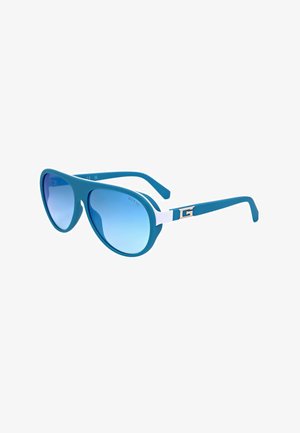 Occhiali da sole stile aviatore blu con lenti sfumate, dettagli bianchi sulle aste e un logo metallico "G" sul lato.