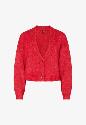 Cardigan corto in maglia rossa con maniche lunghe, scollo a V, due bottoni frontali e polsini e orlo a coste.