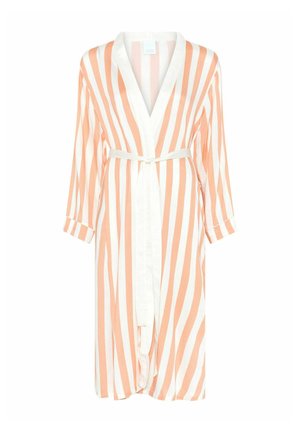 Randig morgonrock med vertikala mönster i persika och vitt, med ett omslagdesign och knytbälte. Tillverkad av lättviktsmaterial med trekvartsärmar.