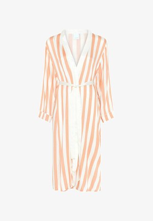 Randig morgonrock med vertikala mönster i persika och vitt, med ett omslagdesign och knytbälte. Tillverkad av lättviktsmaterial med trekvartsärmar.